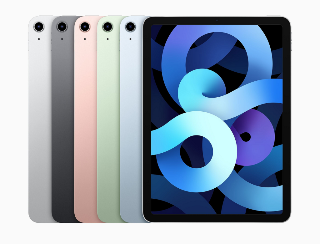Auf diesem Bild sieht man die Rückseite der 5 Farben des iPad Air. V.l.n.r weiß, schwarz, rosé, minzgrün, himmelblau. Auf der rechten Bildseite ist die Vorderseite der iPad Air zu sehen.