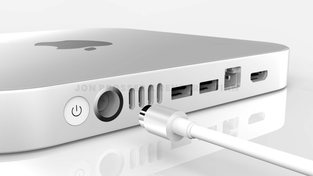 Auf diesem Bild sieht man die Anschlüsse des Mac mini von hinten mit u.a dem neuen Powerconnector bekannt aus dem 24" iMac